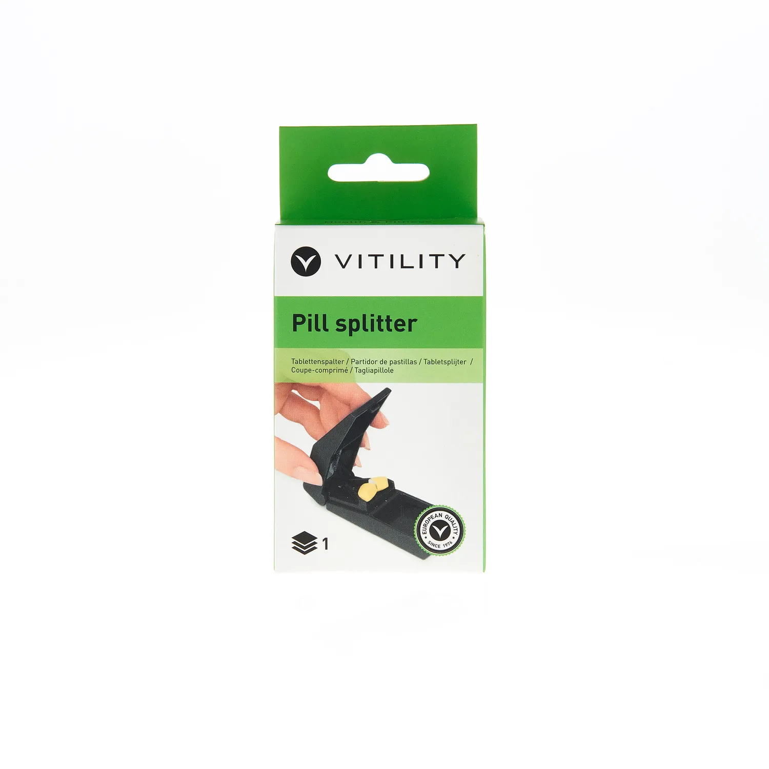 Vitility ergonomisk pilledeler tablettdeler med oppbevaring